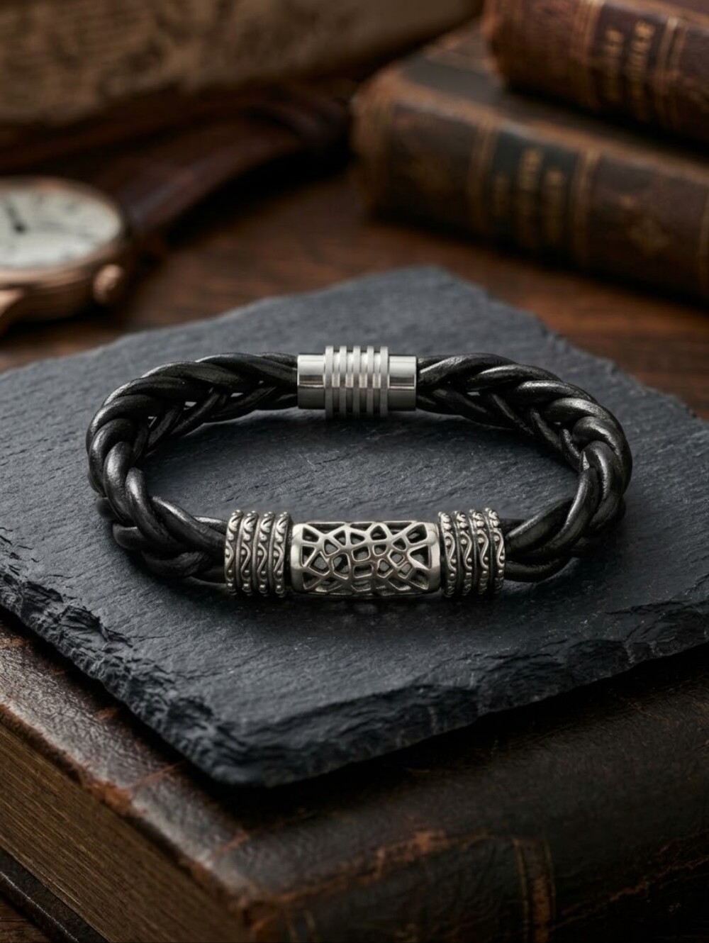 Viking Nordic Men’s Black Braided Leather Magnetic Bracelet Biker Edgy Goth 9"